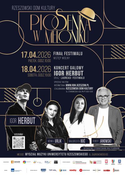 Plakat  promujący 14. Og&oacute;lnopolski Festiwal Piosenki Aktorskiej, Filmowej i Musicalowej "Piosenka w Meloniku"
